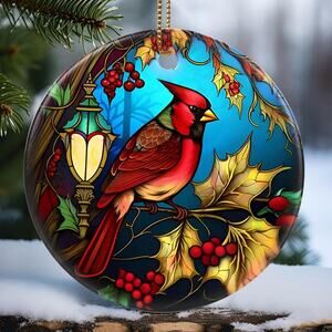Touber Cardinal Ornament, Christmas Ornament, Heirloom Keepsake, Round Ceramic